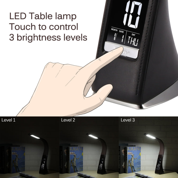 Đèn bàn da U2 5W LED điều chỉnh độ sáng 3 cấp độ, hiển thị nhiệt độ/đồng hồ/lịch, màu đen