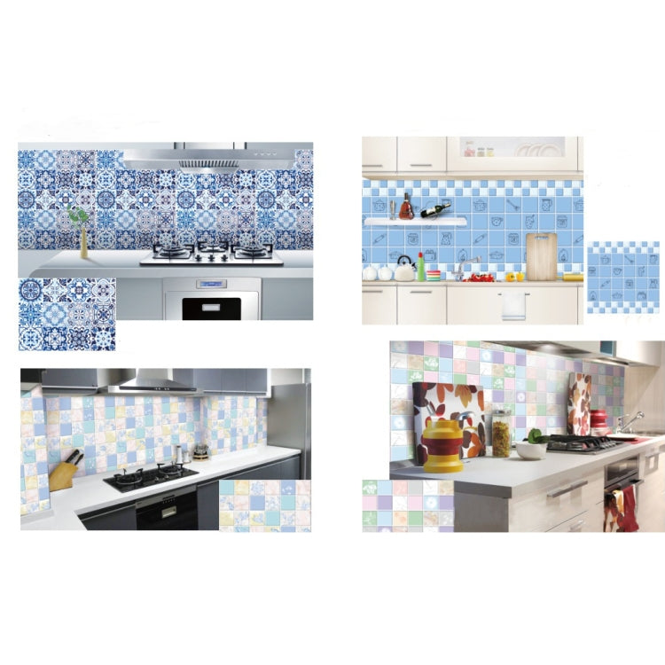 Decal dán tường bếp chống khói, hình hoa nở, gốm sứ xanh trắng, dây leo tím
