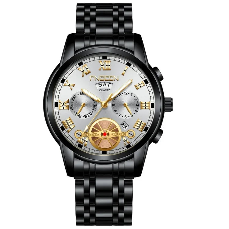 Đồng hồ quartz đa chức năng FNGEEN 4001 cho nam không cơ, mặt trắng thép đen với đinh vàng, mặt đen vàng da nâu, mặt đen vàng da nâu