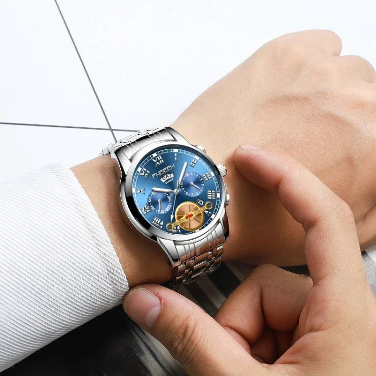 Đồng hồ quartz đa chức năng FNGEEN 4001 cho nam không cơ, mặt trắng thép đen với đinh vàng, mặt đen vàng da nâu, mặt đen vàng da nâu