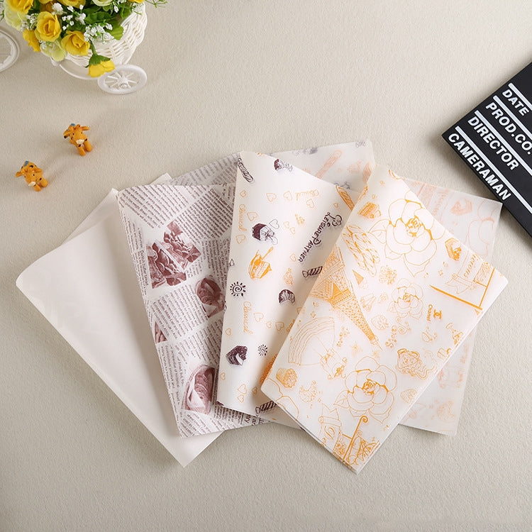 100 tờ / gói Giấy chống dầu cho bánh, giấy đóng gói, giấy đĩa, giấy hamburger, màu: Báo cổ điển, Báo cổ điển, Màu bánh ngọt, Tháp cam, Tiếng Anh trắng, Tiếng Anh cà phê, Tiếng Anh lúa mì, Trắng tinh khiết, Giấy kraft dày, Tháp xám