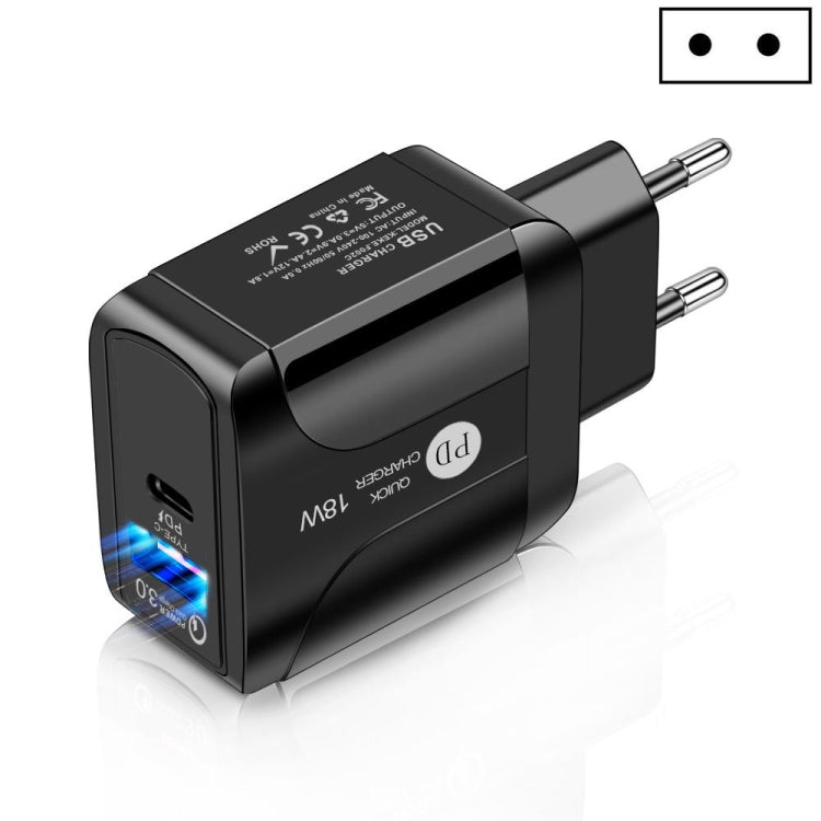 Bộ sạc du lịch sạc nhanh 18W PD + QC 3.0 với đèn LED báo hiệu, phích cắm EU màu đen, phích cắm US màu đen, phích cắm UK màu đen, phích cắm EU màu trắng, phích cắm US màu trắng, phích cắm UK màu trắng