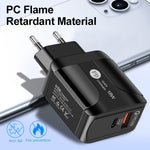 Bộ sạc du lịch sạc nhanh 18W PD + QC 3.0 với đèn LED báo hiệu, phích cắm EU màu đen, phích cắm US màu đen, phích cắm UK màu đen, phích cắm EU màu trắng, phích cắm US màu trắng, phích cắm UK màu trắng