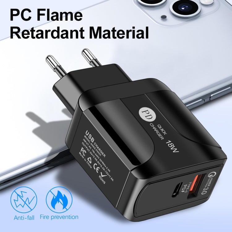 Bộ sạc du lịch sạc nhanh 18W PD + QC 3.0 với đèn LED báo hiệu, phích cắm EU màu đen, phích cắm US màu đen, phích cắm UK màu đen, phích cắm EU màu trắng, phích cắm US màu trắng, phích cắm UK màu trắng