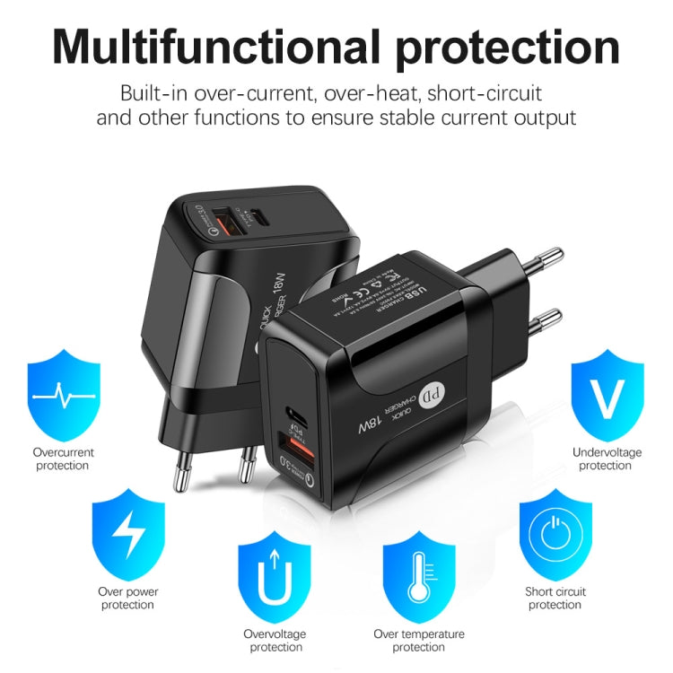 Bộ sạc du lịch sạc nhanh 18W PD + QC 3.0 với đèn LED báo hiệu, phích cắm EU màu đen, phích cắm US màu đen, phích cắm UK màu đen, phích cắm EU màu trắng, phích cắm US màu trắng, phích cắm UK màu trắng