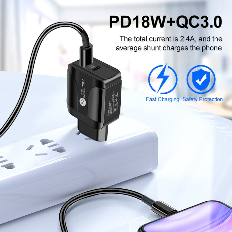 Bộ sạc du lịch sạc nhanh 18W PD + QC 3.0 với đèn LED báo hiệu, phích cắm EU màu đen, phích cắm US màu đen, phích cắm UK màu đen, phích cắm EU màu trắng, phích cắm US màu trắng, phích cắm UK màu trắng