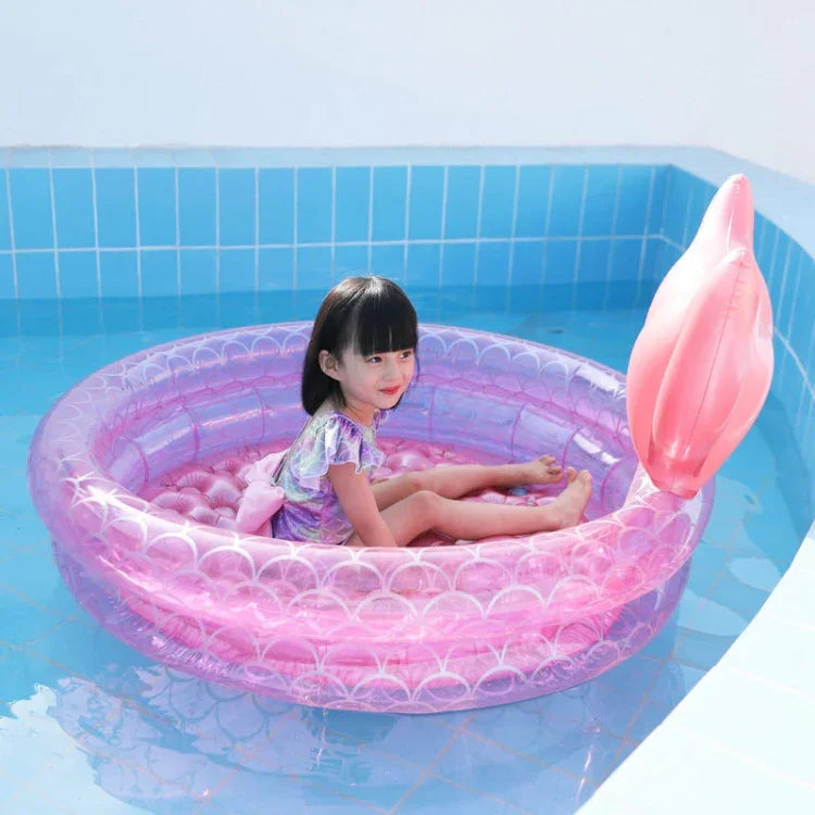 Bể bơi bơm hơi hình nàng tiên cá màu hồng cho trẻ em và bé, đệm hơi nổi tròn, 90cm, 120cm, 150cm
