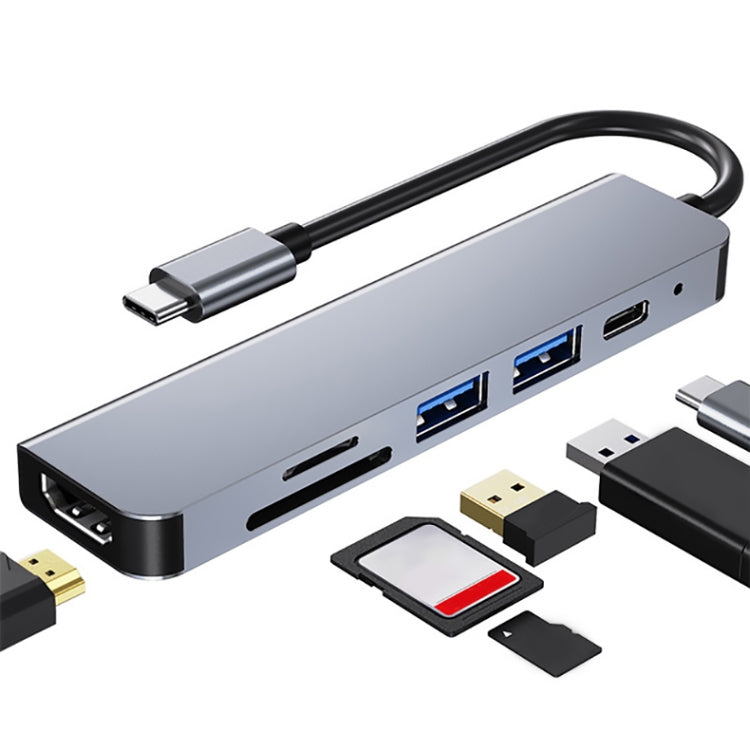 Trạm kết nối HUB đa chức năng 6 trong 1 USB-C / Type-C sang 4K HDMI + khe thẻ SD / TF + sạc PD USB-C / Type-C + 2 cổng USB 3.0, 6 trong 1