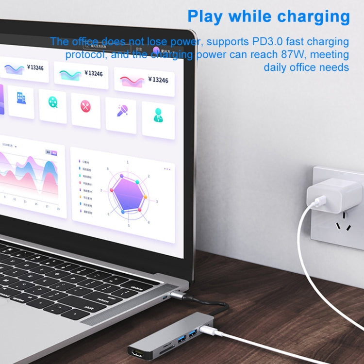 Trạm kết nối HUB đa chức năng 6 trong 1 USB-C / Type-C sang 4K HDMI + khe thẻ SD / TF + sạc PD USB-C / Type-C + 2 cổng USB 3.0, 6 trong 1