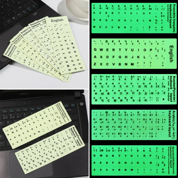 3 miếng dán bàn phím phát sáng cho bàn phím máy tính xách tay và để bàn, Tiếng Anh Ả Rập, chữ đen tiếng Nga, Tiếng Anh, tiếng Ý, tiếng Đức, tiếng Tây Ban Nha, tiếng Nhật, tiếng Pháp, tiếng Hàn, tiếng Do Thái, tiếng Thái
