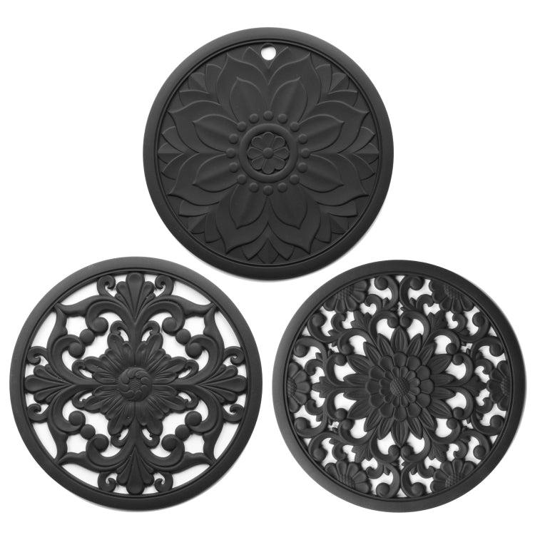 Bộ 3 miếng lót cách nhiệt silicone hoa rỗng 3 trong 1 chống bỏng nồi bát, đen, vàng, xanh dương, xanh lá, tím, xám