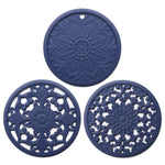 Bộ 3 miếng lót cách nhiệt silicone hoa rỗng 3 trong 1 chống bỏng nồi bát, đen, vàng, xanh dương, xanh lá, tím, xám