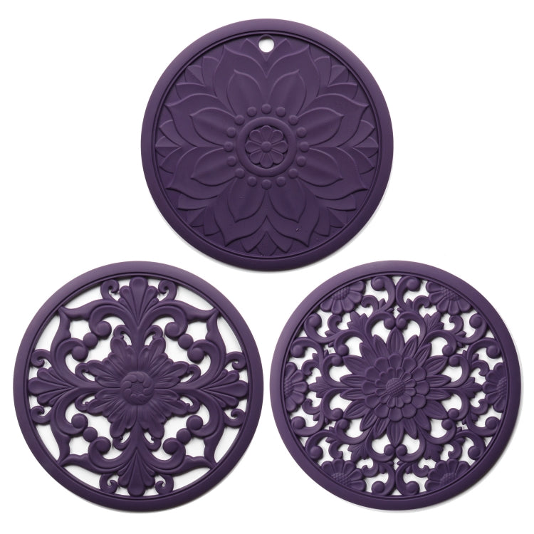 Bộ 3 miếng lót cách nhiệt silicone hoa rỗng 3 trong 1 chống bỏng nồi bát, đen, vàng, xanh dương, xanh lá, tím, xám