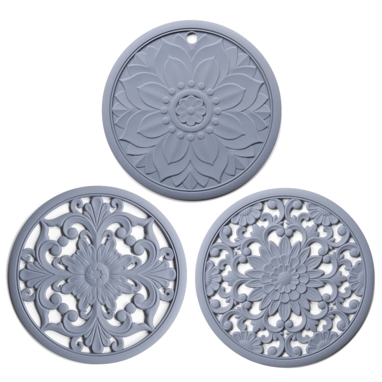 Bộ 3 miếng lót cách nhiệt silicone hoa rỗng 3 trong 1 chống bỏng nồi bát, đen, vàng, xanh dương, xanh lá, tím, xám