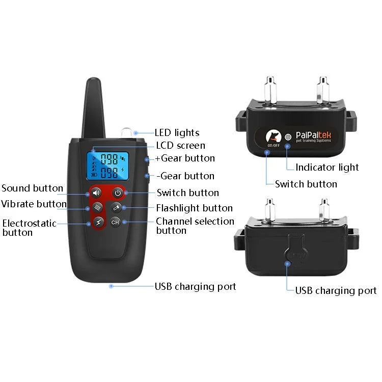 PaiPaitek PD526-3 Thiết Bị Chống Sủa Vòng Cổ Điện Giật Huấn Luyện Chó Điều Khiển Từ Xa, Dụng Cụ Huấn Luyện Thú Cưng, PD526-3