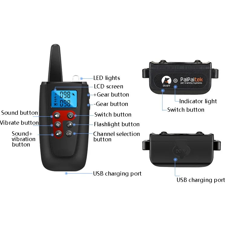 PaiPaitek PD526V-2 Thiết Bị Huấn Luyện Chó Điều Khiển Từ Xa 1 Trong 2 Tốc Độ 100, Âm Thanh Rung, Vòng Cổ Điều Khiển Từ Xa Điện Tử Chống Sủa, PD526V-2
