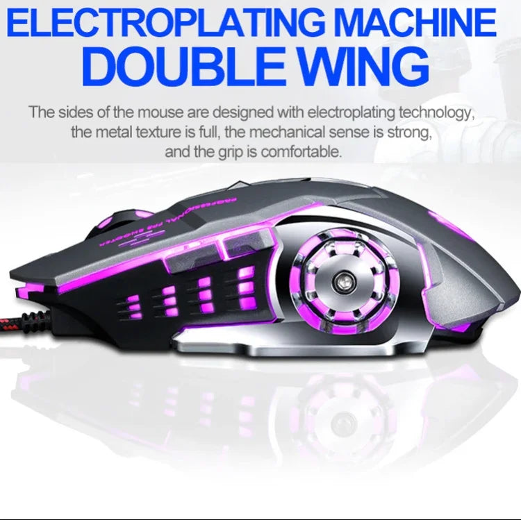 Chuột chơi game có dây T-WOLF V6 giao diện USB 6 nút 3200 DPI lập trình macro cơ học phát sáng 7 màu, chiều dài cáp: 1,5m, Phiên bản âm thanh định nghĩa macro đen bạc, Phiên bản âm thanh định nghĩa macro xám sắt