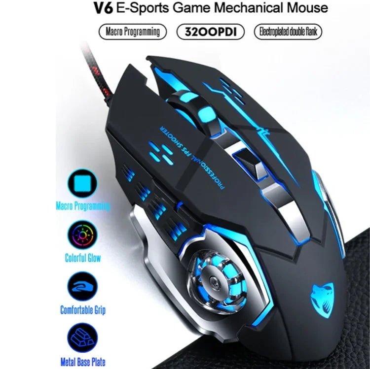 Chuột chơi game có dây T-WOLF V6 giao diện USB 6 nút 3200 DPI lập trình macro cơ học phát sáng 7 màu, chiều dài cáp: 1,5m, Phiên bản âm thanh định nghĩa macro đen bạc, Phiên bản âm thanh định nghĩa macro xám sắt