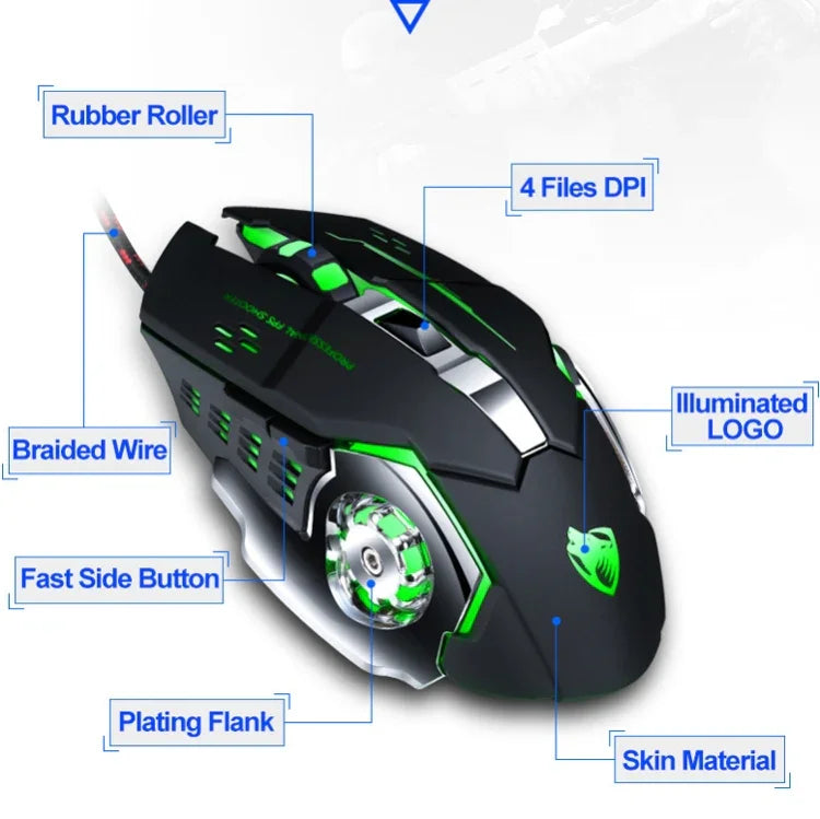 Chuột chơi game có dây T-WOLF V6 giao diện USB 6 nút 3200 DPI lập trình macro cơ học phát sáng 7 màu, chiều dài cáp: 1,5m, Phiên bản âm thanh định nghĩa macro đen bạc, Phiên bản âm thanh định nghĩa macro xám sắt