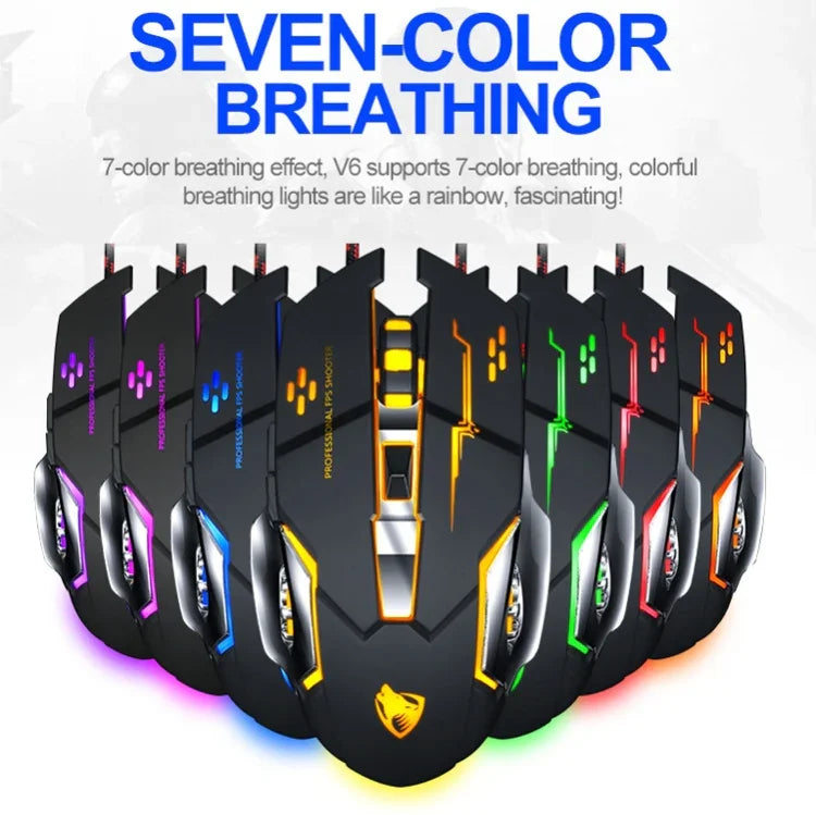 Chuột chơi game có dây T-WOLF V6 giao diện USB 6 nút 3200 DPI lập trình macro cơ học phát sáng 7 màu, chiều dài cáp: 1,5m, Phiên bản âm thanh định nghĩa macro đen bạc, Phiên bản âm thanh định nghĩa macro xám sắt
