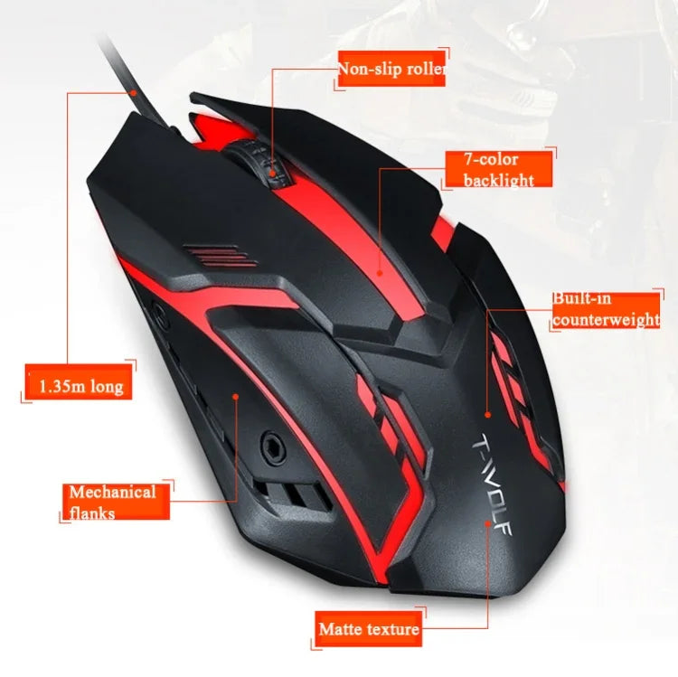 2 chiếc chuột có dây T-WOLF V1 giao diện USB 3 nút 1200 DPI, chuột chơi game đèn nền 7 màu, chiều dài cáp: 1.35m