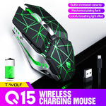 Chuột chơi game văn phòng không dây sạc lại T-WOLF Q15 6 nút 1600 DPI im lặng với đèn thở 7 màu, Công nghệ đen, Đen sao, Trắng ngọc trai