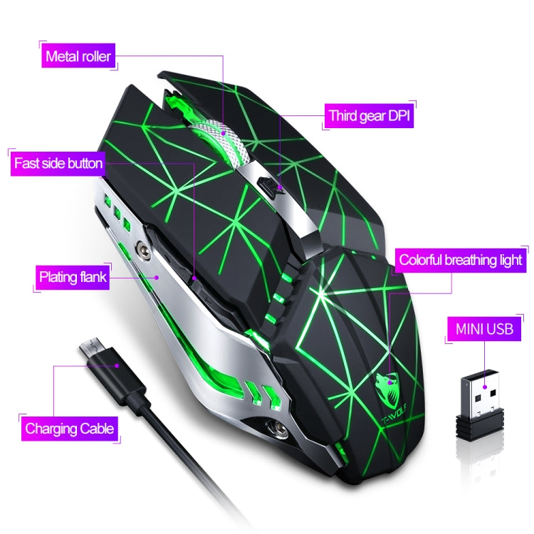 Chuột chơi game văn phòng không dây sạc lại T-WOLF Q15 6 nút 1600 DPI im lặng với đèn thở 7 màu, Công nghệ đen, Đen sao, Trắng ngọc trai