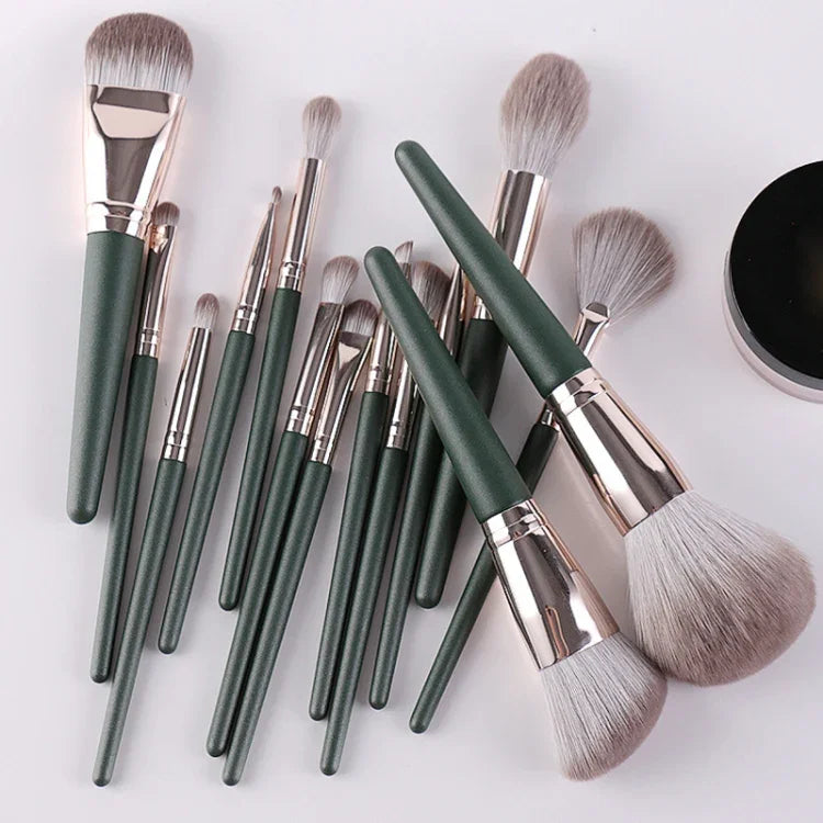 Bộ cọ trang điểm cán gỗ mềm, 14 cây cọ, kèm túi đựng cọ có dây đeo, kèm hộp đựng cọ