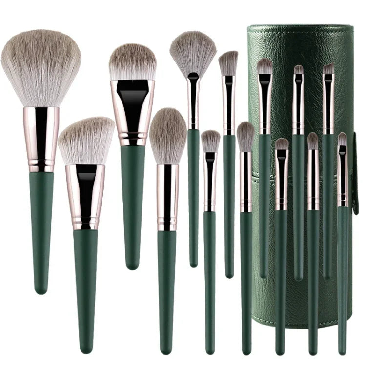 Bộ cọ trang điểm cán gỗ mềm, 14 cây cọ, kèm túi đựng cọ có dây đeo, kèm hộp đựng cọ