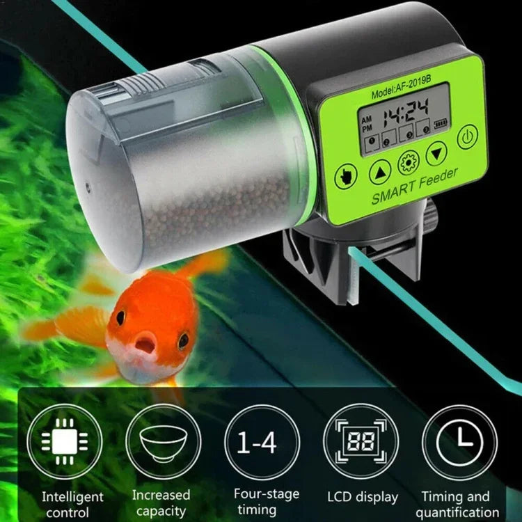 Máy cho cá tự động hẹn giờ thông minh AquaBlue cho bể cá, máy cho cá vàng dung tích lớn, Model: AF-2019B Phiên bản tiếng Anh