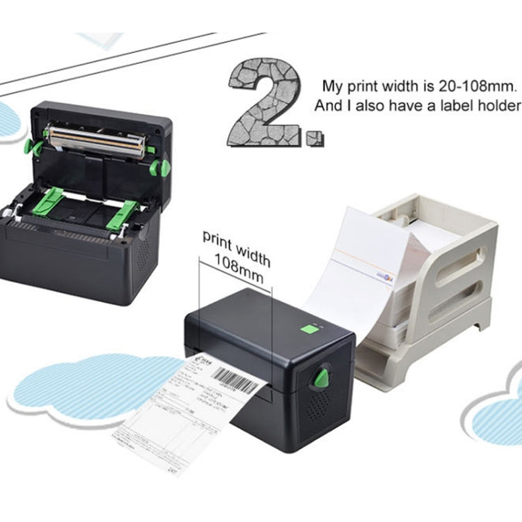 Máy in nhãn XP-108B 4 inch 108mm, máy in mã vạch nhiệt, máy in nhãn vận chuyển UPS DHL USPS DPD POCHTA, cắm EU, USB, phiên bản USB + Bluetooth