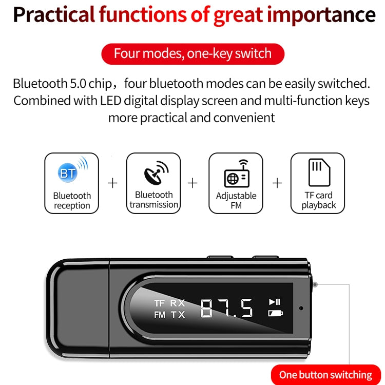 Bộ chuyển đổi Bluetooth 5.0 USB cho xe hơi Bộ thu FM + AUX Âm thanh đầu ra kép Bộ phát stereo, K9 Đen