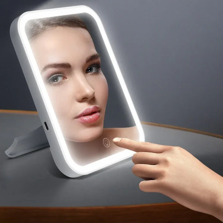 Bộ 2 gương trang điểm LED có đèn chiếu sáng, gương bàn trang điểm ký túc xá, gương gập di động nhỏ cho nữ, kiểu dáng: đèn đơn sắc sạc (trắng), đèn đơn sắc sạc (hồng), đèn đơn sắc cắm điện (trắng)