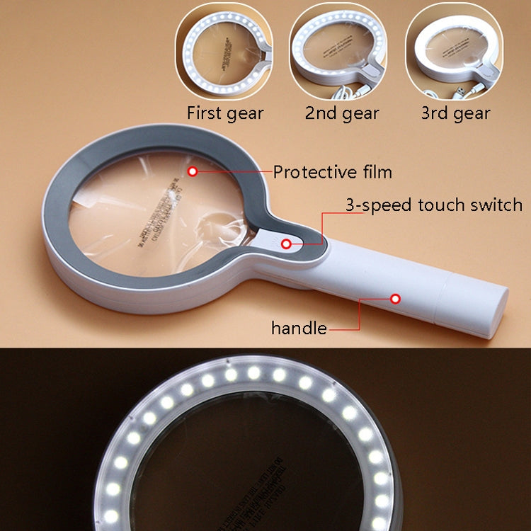 Kính lúp cầm tay XT-8013 với 29 đèn LED, công tắc cảm ứng 3 mức, phóng đại 2 lần / 13 lần, XT-8013 (Trắng+Xám), XT-8013 (Trắng+Xanh đậm)