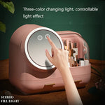 Hộp đựng gương trang điểm để bàn chống bụi có đèn LED, mẫu đèn LED xanh lá, mẫu đèn LED hồng, mẫu đèn LED trắng, mẫu đèn LED xanh lá có quạt, mẫu đèn LED hồng có quạt, mẫu đèn LED trắng có quạt