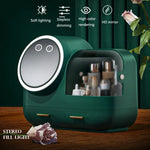 Hộp đựng gương trang điểm để bàn chống bụi có đèn LED, mẫu đèn LED xanh lá, mẫu đèn LED hồng, mẫu đèn LED trắng, mẫu đèn LED xanh lá có quạt, mẫu đèn LED hồng có quạt, mẫu đèn LED trắng có quạt
