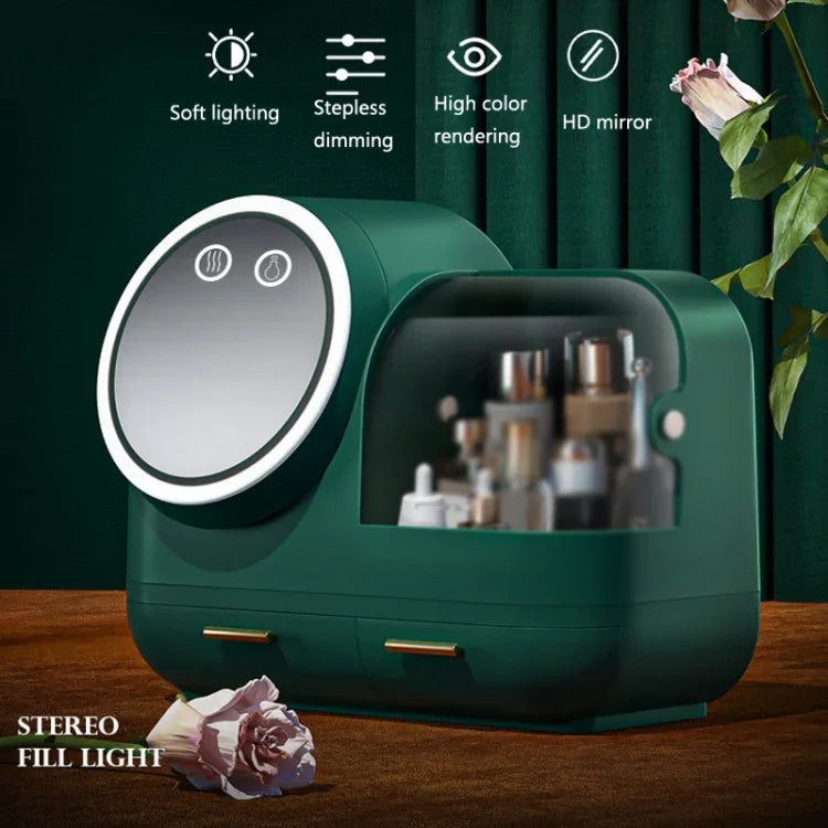 Hộp đựng gương trang điểm để bàn chống bụi có đèn LED, mẫu đèn LED xanh lá, mẫu đèn LED hồng, mẫu đèn LED trắng, mẫu đèn LED xanh lá có quạt, mẫu đèn LED hồng có quạt, mẫu đèn LED trắng có quạt
