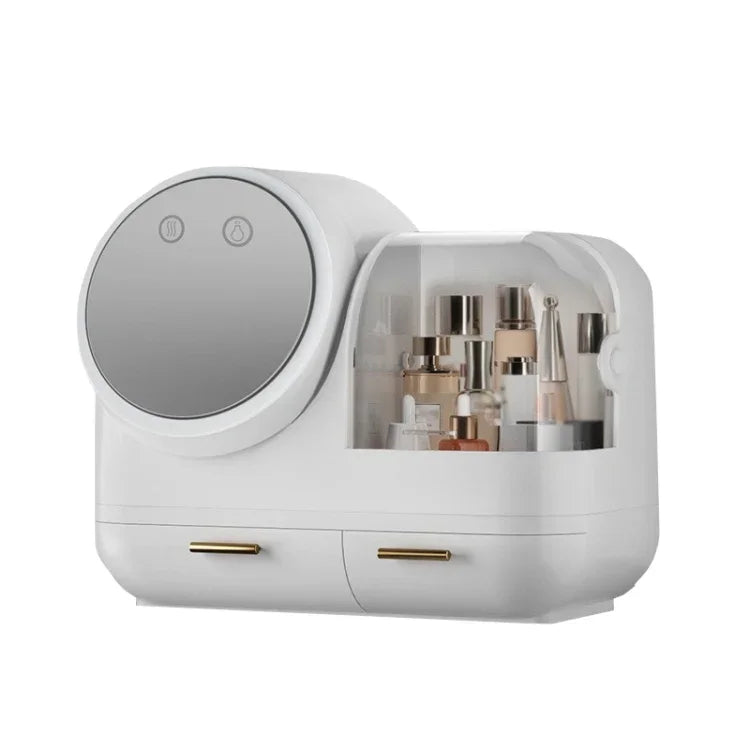 Hộp đựng gương trang điểm để bàn chống bụi có đèn LED, mẫu đèn LED xanh lá, mẫu đèn LED hồng, mẫu đèn LED trắng, mẫu đèn LED xanh lá có quạt, mẫu đèn LED hồng có quạt, mẫu đèn LED trắng có quạt
