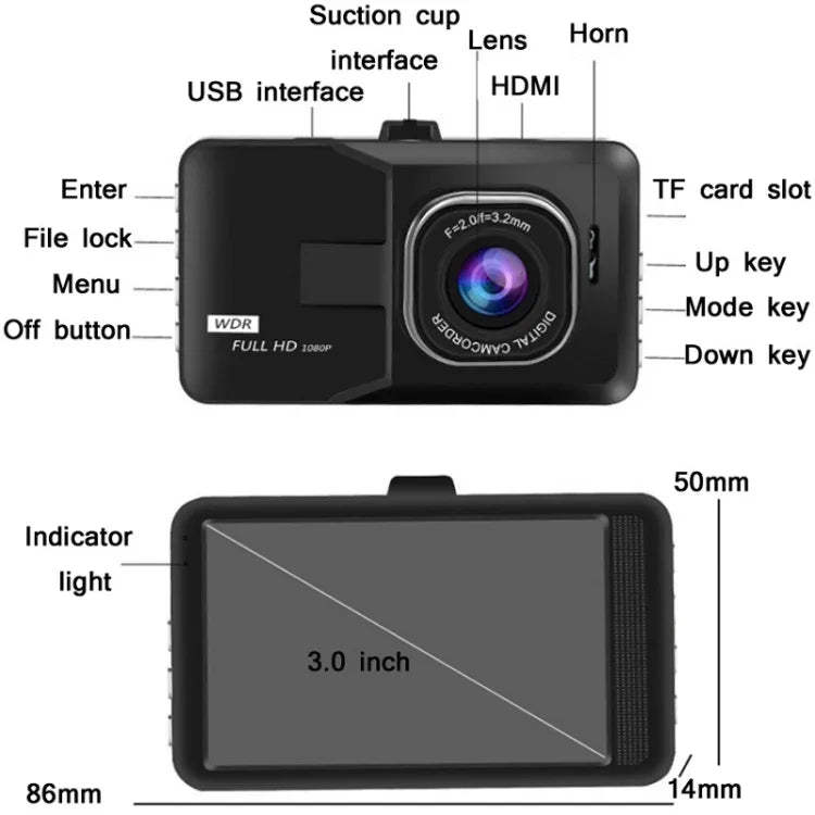 Máy ghi hình lái xe góc rộng HD 1080P 3.0 inch với hình ảnh lùi, Thông số kỹ thuật: Ghi hình đơn độ phân giải bình thường (Màu đen)
