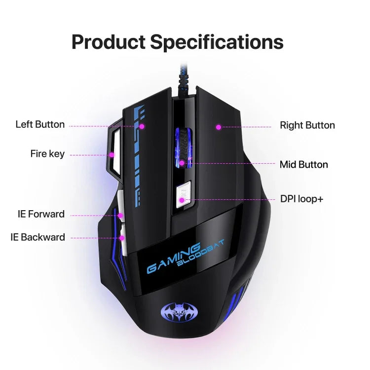 Chuột chơi game GAMING BLOODBAT GM02 có dây USB 7 phím quang điện tử với đèn hô hấp kỹ thuật số