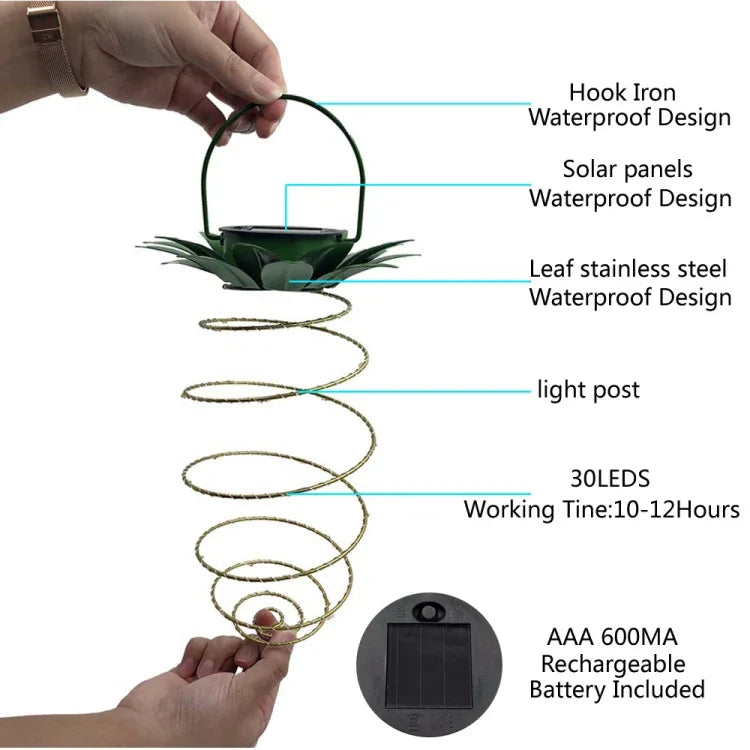 Đèn dứa năng lượng mặt trời đèn lồng sắt rèn dây đồng LED trang trí vườn ngoài trời chống nước, 24 LED, 60 LED