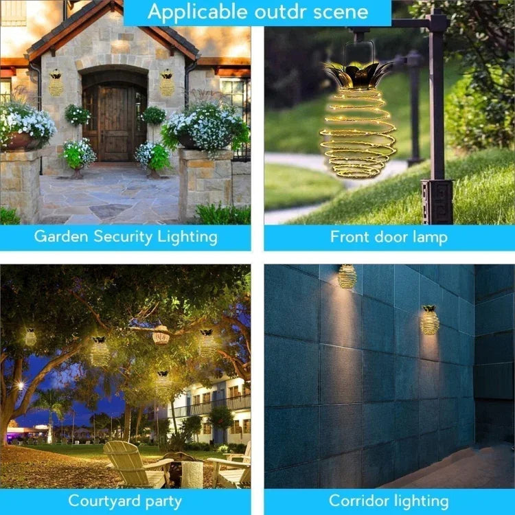 Đèn dứa năng lượng mặt trời đèn lồng sắt rèn dây đồng LED trang trí vườn ngoài trời chống nước, 24 LED, 60 LED