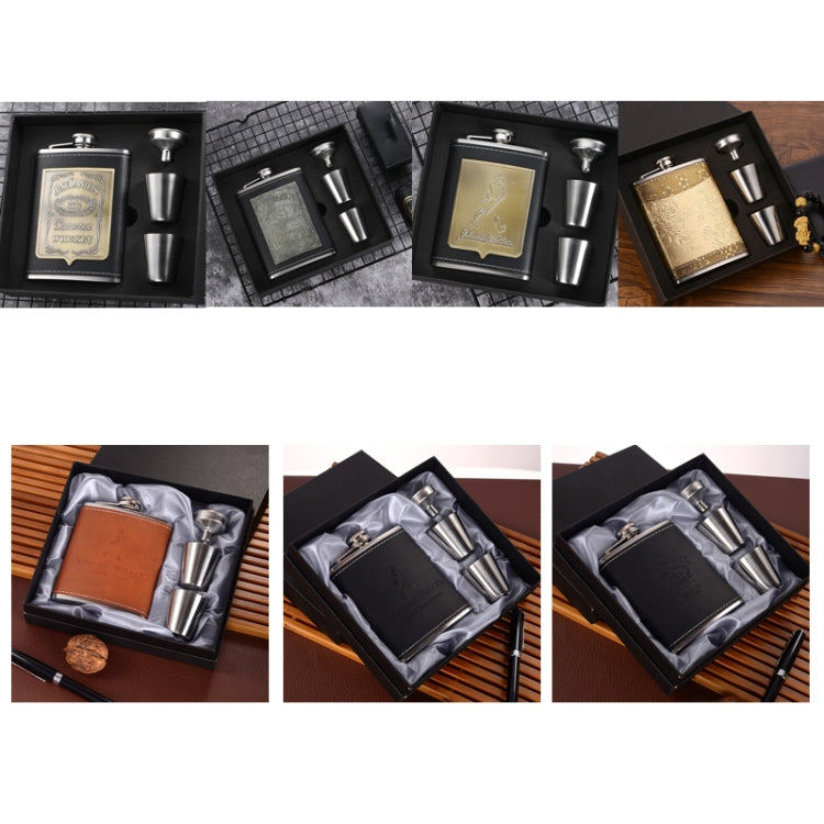 Bộ bình rượu inox di động kèm phễu ly rượu, kiểu dáng: 8OZ lõi vá Jack mới, 8OZ lõi vá Jack cũ, 8OZ lõi vá ông già, 8OZ lõi hoa văn vàng, 7OZ Jack xám da đen, 7OZ Jack xám da vàng ông già