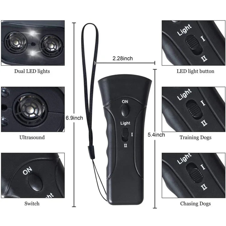 Đèn pin LED Máy đuổi chó siêu âm Huấn luyện chó di động, Đầu đơn màu đen, Đầu đơn màu vàng, Đầu đôi màu đen