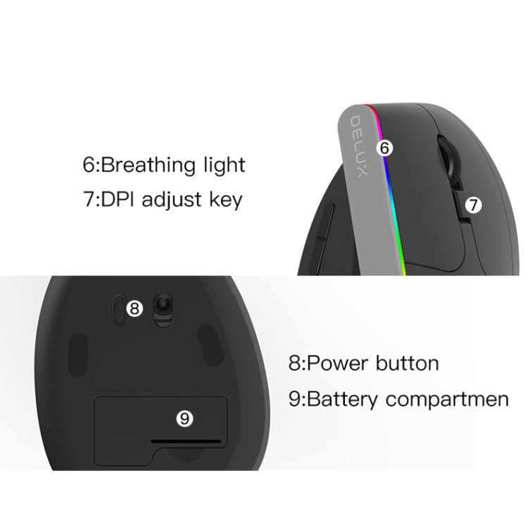 DELUX M618C Chuột không dây Bluetooth dọc RGB 6 phím 1600 DPI chế độ kép, M618C (trắng), M618C (đen)