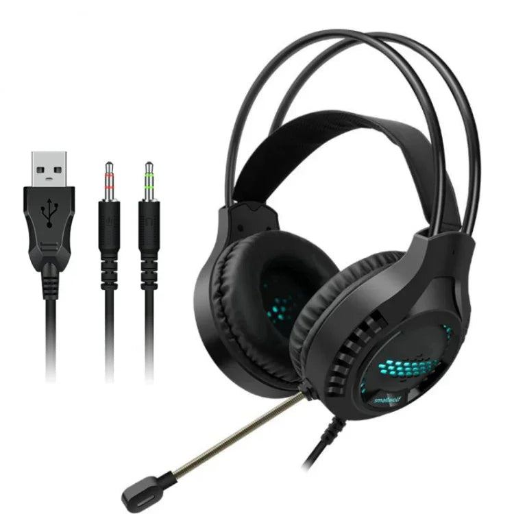 Tai nghe chơi game Smailwolf AK3 có dây phát sáng cho máy tính để bàn, kiểu dáng:, cắm đôi 3.5mm màu đen, cắm đơn USB màu đen