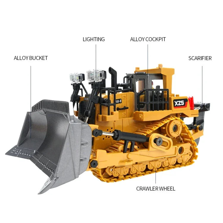Đồ chơi điều khiển từ xa 2.4G máy ủi nặng 9 kênh, Máy xúc hợp kim điều khiển từ xa cho trẻ em, Máy xúc hợp kim 1031