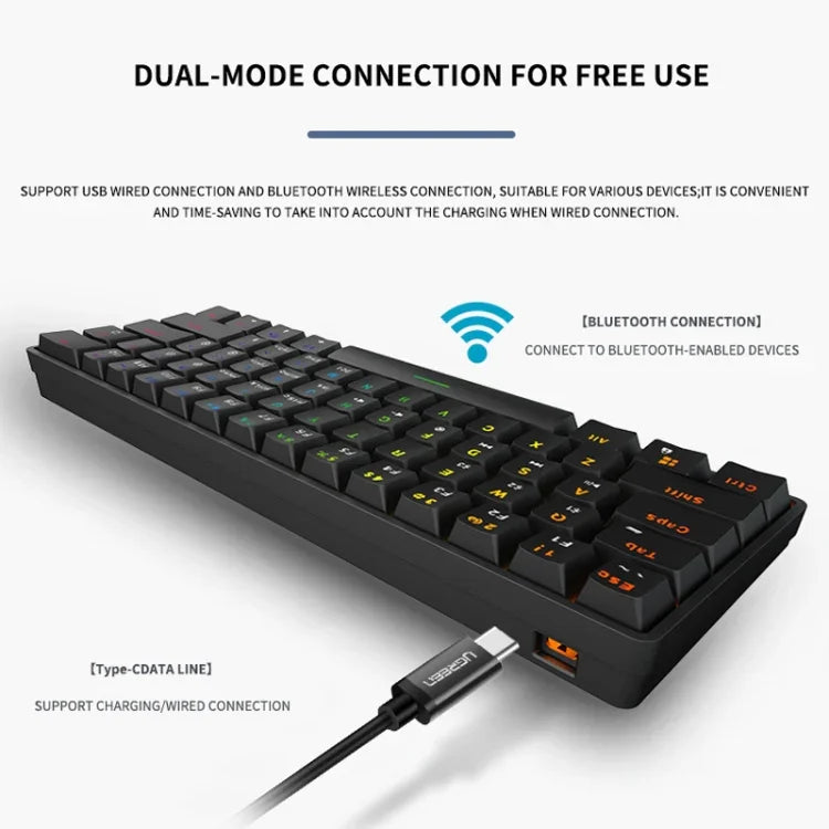 LEAVEN K28 61 Keys Gaming Office Computer RGB Wireless Bluetooth + Wired Dual Mode Mechanical Keyboard, Cabel Length:1.5m, Green Axis (White), Green Axis (Blue), Green Axis (Pink), Red Axis (White), Red Axis (Blue), Red Axis (Pink), Tea Axis (White)   ...