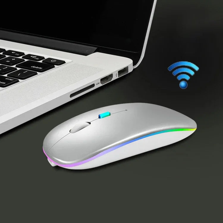 Y20 Chuột không dây sạc phát sáng nhiều màu 4 phím im lặng cho laptop và game, 2.4G + Bluetooth (bạc)