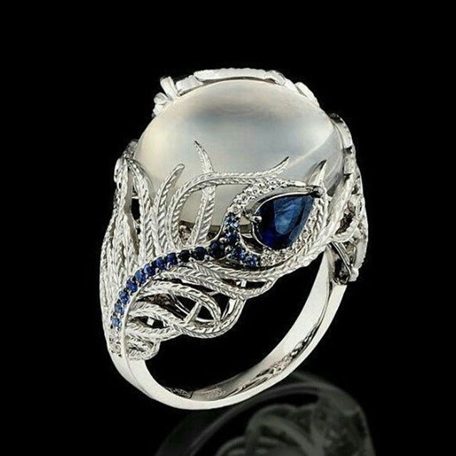 Nhẫn bạc cổ điển rỗng hình opal tự nhiên họa tiết lông vũ cho nữ, size 6, 7, 9